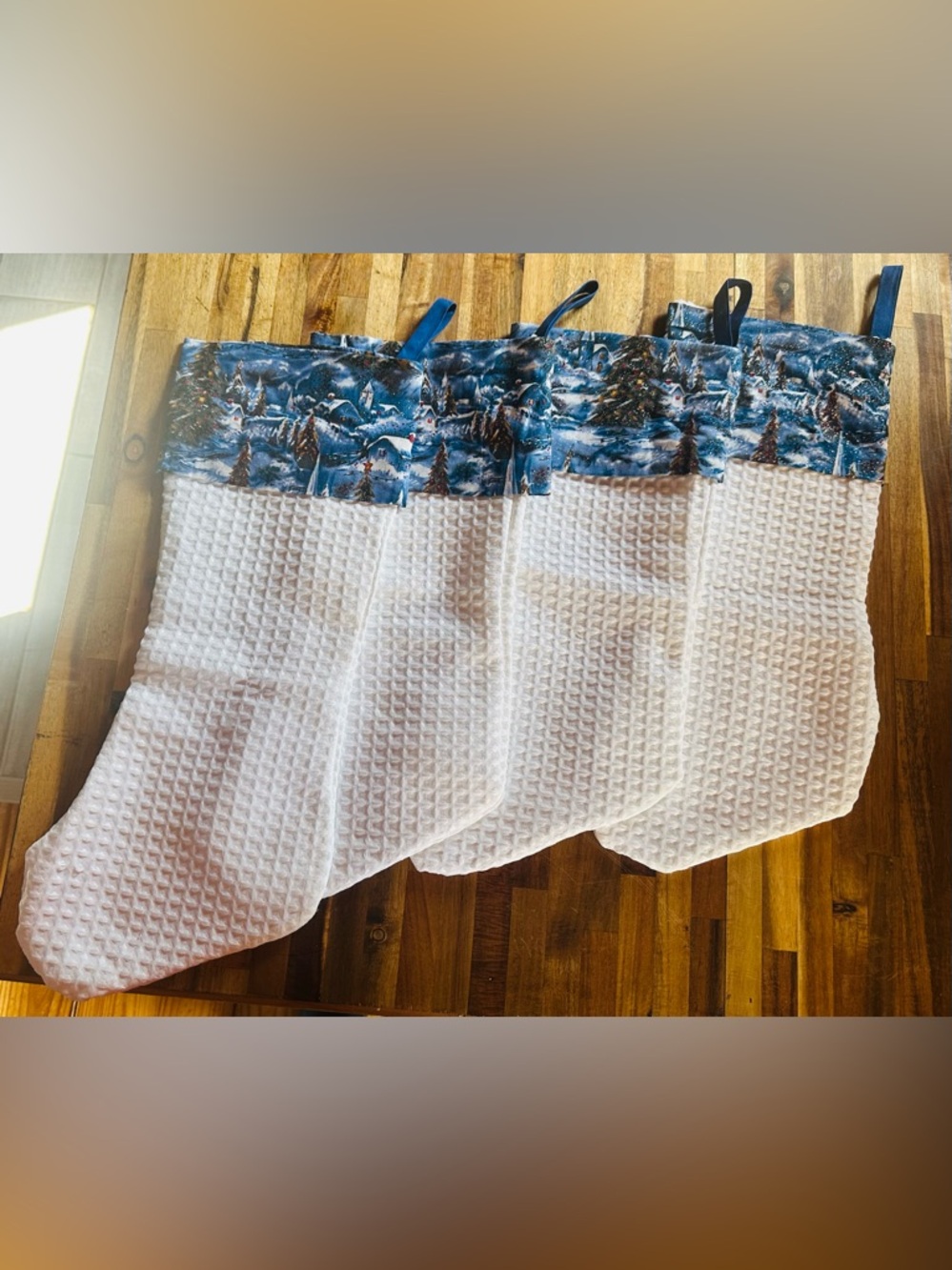 4 Handmade White Waffle Christmas Stockings  with Blue Winter Scene Top